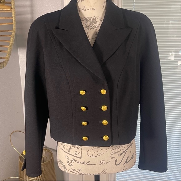 ESCADA Margaretha Ley Vtg 80’s Black Cropped Wool Gold Crest Button Jacket Sz 42 - Picture 2 of 16
